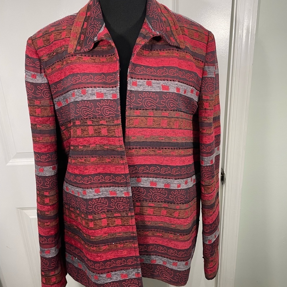 Vintage Alfred Dunner Women's Red and Gray Patterned Jacket Blazer Size 16